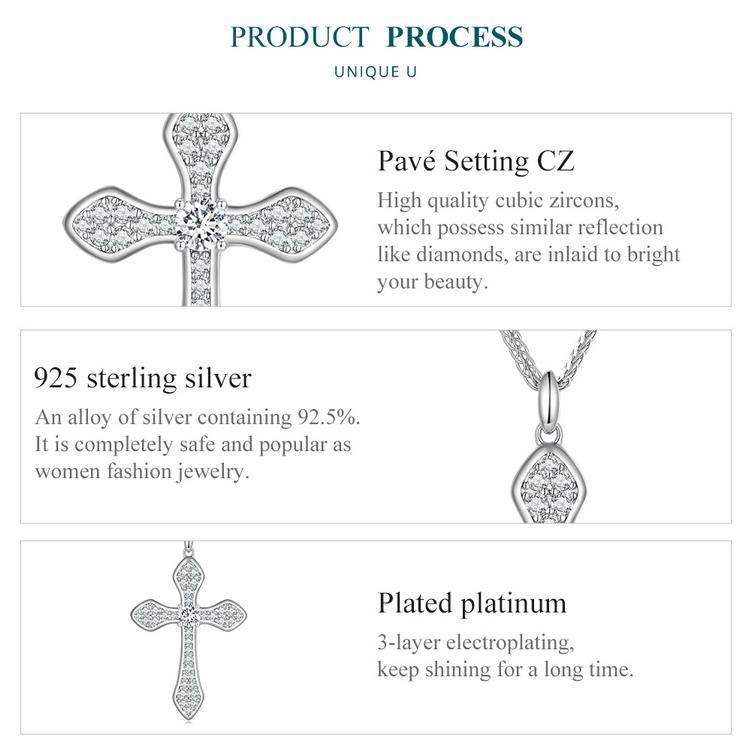 BISAER 925 Sterling Silver Cubic Zirconia Cross Pendant Necklace Chopin Chain Adjustable Plated Platinum Women Fine Jewelry