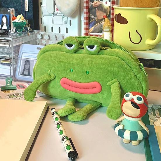 Pencil Bag Frog Wearing Glasses Design Plush Cloth Pencil Pouch Large Zipper Opening Stationery Organizer