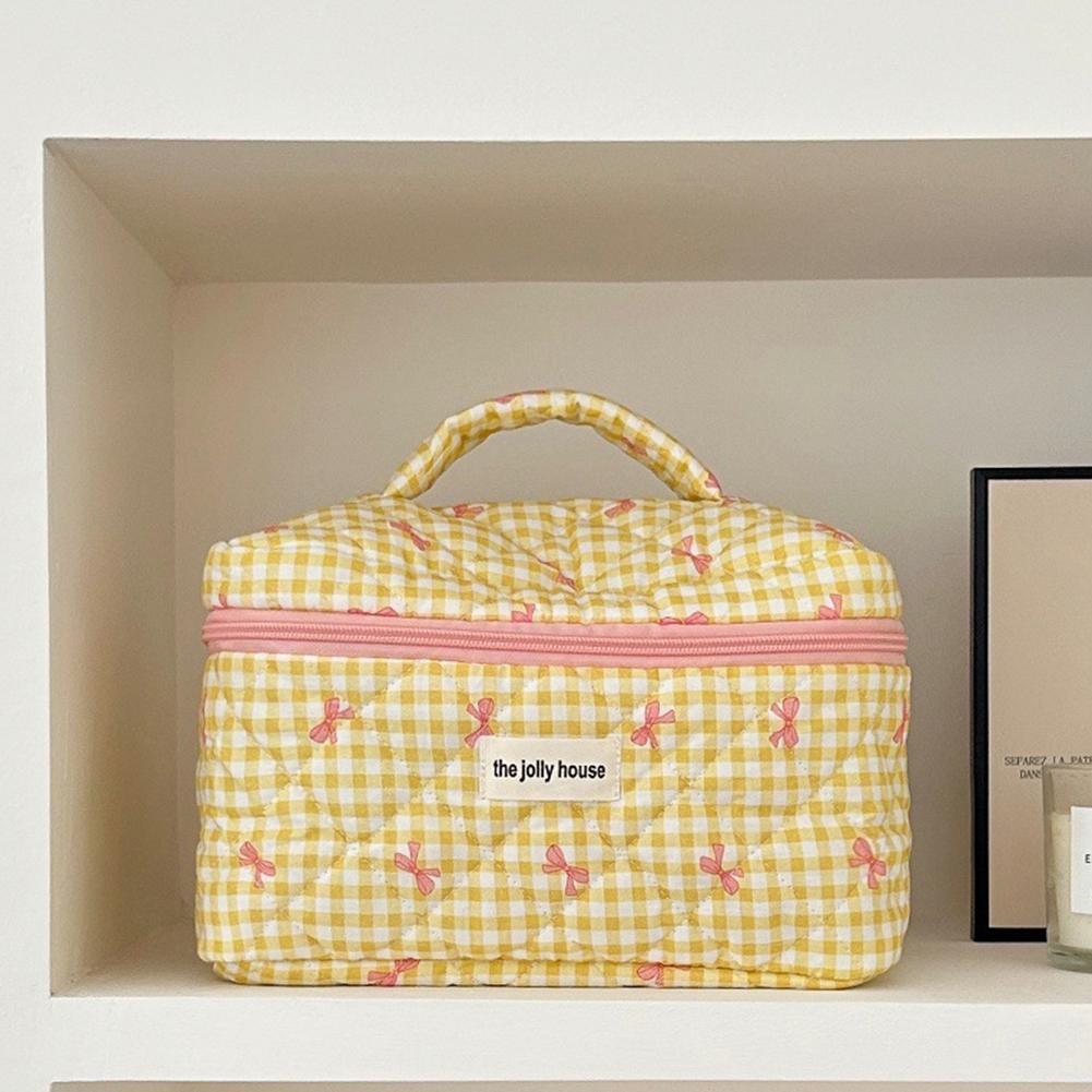 

Клетчатая милая косметичка с бантом для путешествий на молнии, стеганая хлопковая косметичка-органайзер для хранения для женщин и девочек S жёлтый