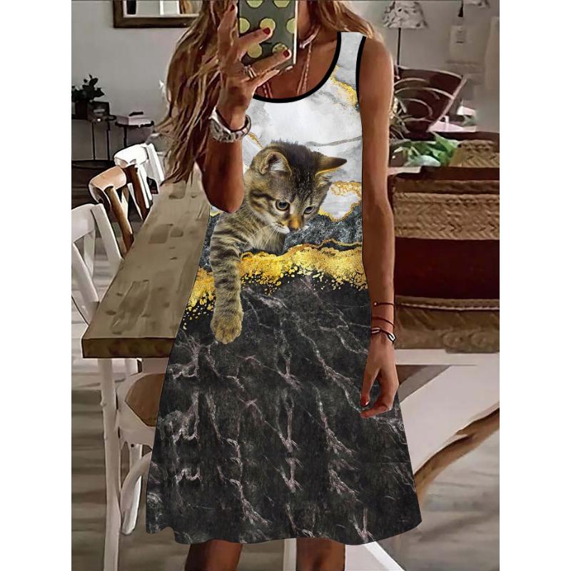 Ladies' fashionable and elegant 3D cute 3 orange cat printed vest dress