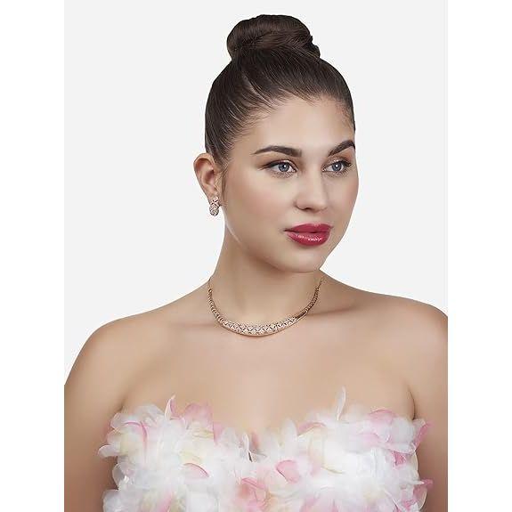 Rose Gold Cubic Zirconia Party Bling Necklace & Earring Set For Women