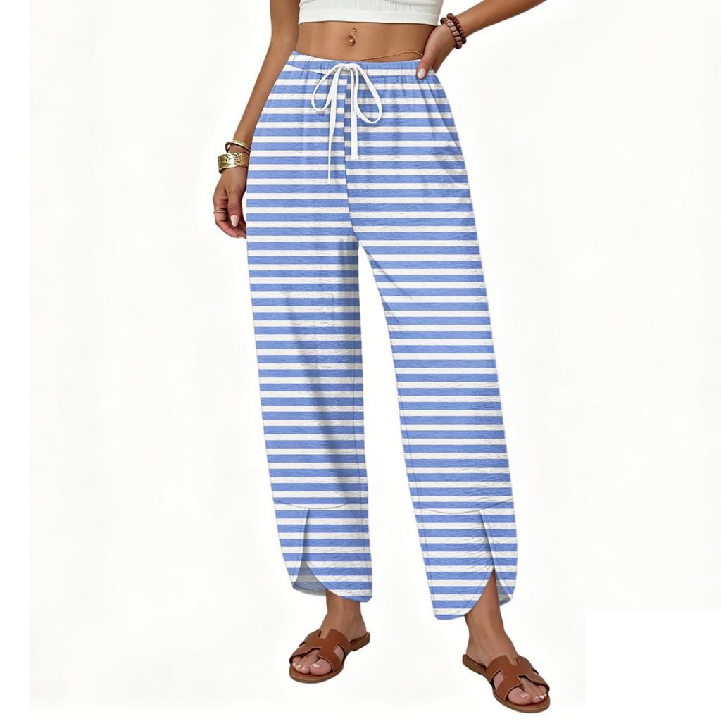 Women Casual Straight Leg Loose Fit Wide Leg Pants Button Detail Printed Pattern Drawstring Waistband Trousers
