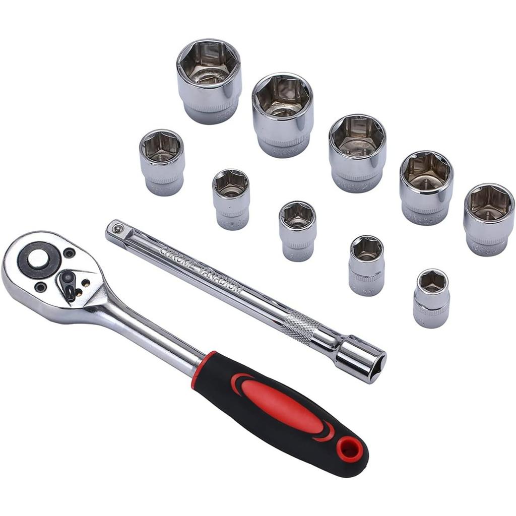 3/8 Inch Socket Set 12Pcs,10-24mm Metric Drive with 24-Teeth Quick-Released Ratchet Wrench and 6" Extension Bar,High Grade Chrome Vanadium Steel,Auto