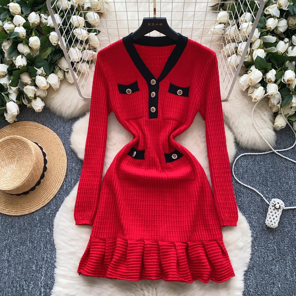 Spring Autumn Women Elegant V-neck Designer Knitted Sweater Mini Short Dresses