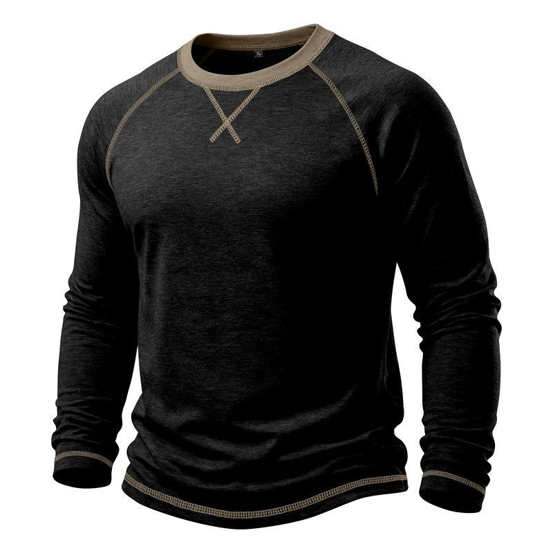 Mens Long Sleeve Round Neck Basic Color Block T Shirt