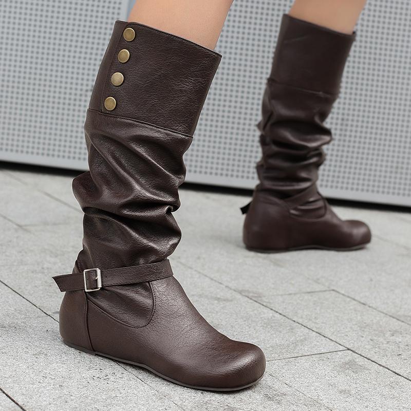 Women's flat-bottomed casual boots autumn and winter new inner height increase solid color large size medium boots