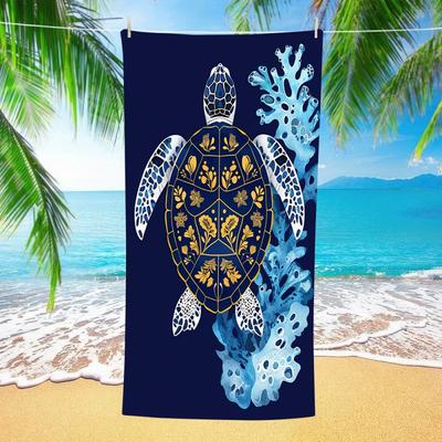 Dark Blue Golden Floral Sea Turtle Coral Beach Towel Sand Free Quick Dry Ocean Print Towel Outdoor Vacation Use