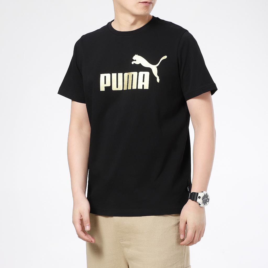 PUMA Logo Print Crew Neck Knit Vintage Short Sleeve T-Shirt Men Tops Black 845573-01