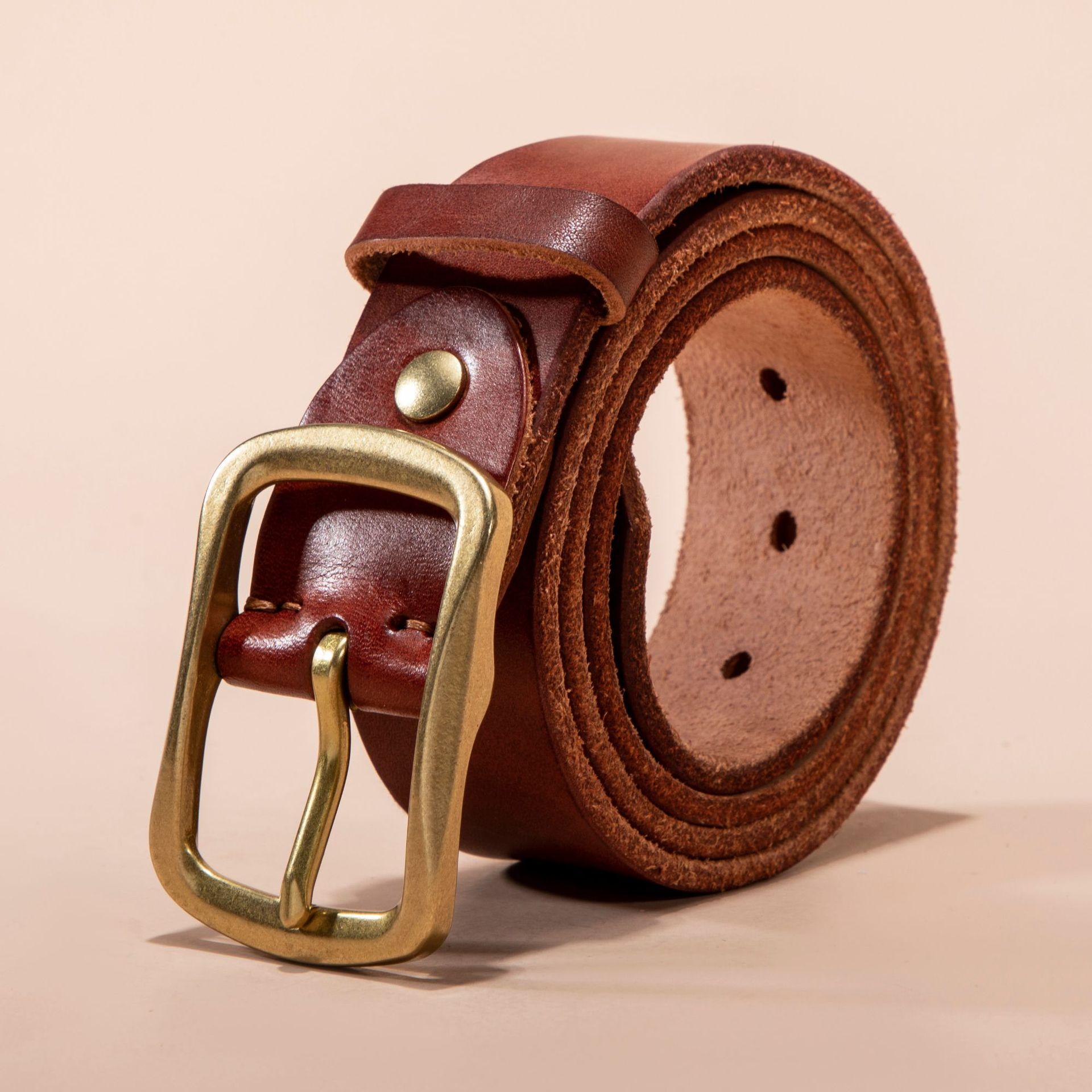 

Мужской ремень с пряжкой из натуральной кожи и медной пряжкой 110cm-130cm тёмно-рыжий