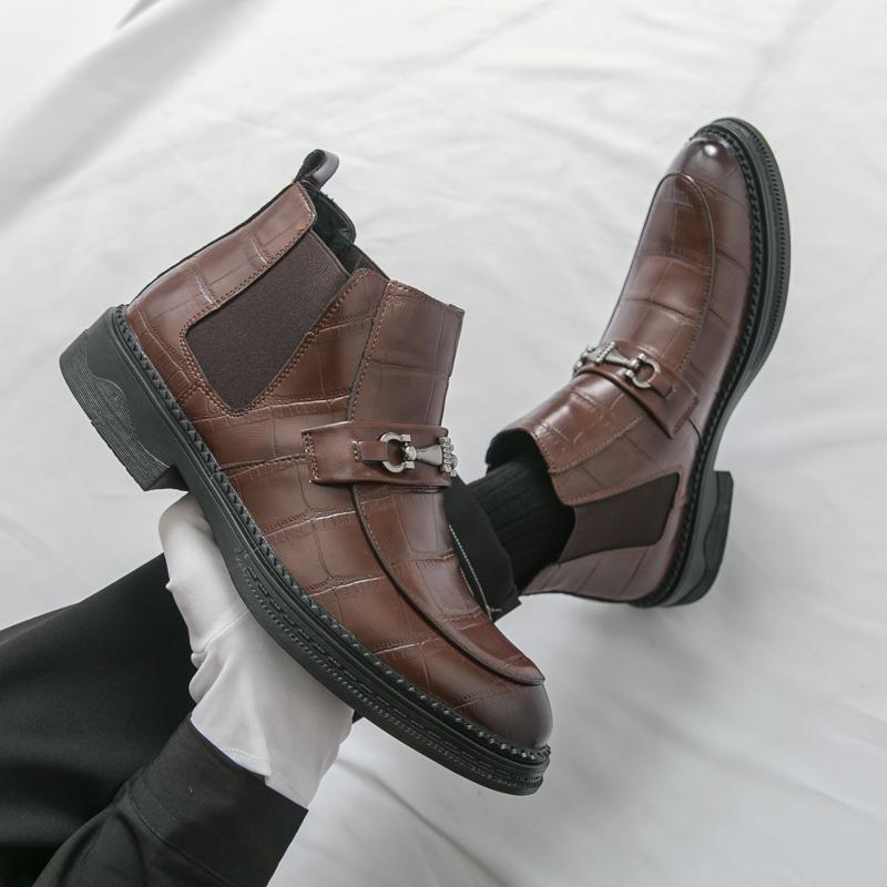 Fashion 2025 New Men's Solid Color Crocodile Print Leather High-Quality Ankle Boots Comfortable Retro Metal Buckle Business Casual Shoes