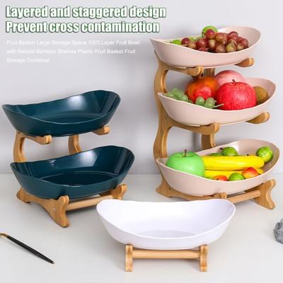Fruit Basket Large Storage Space 1/2/3 Layer Fruit Bowl with Natural Bamboo Shelves Plastic Fruit Basket Fruit Storage Container
