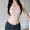 Sweet Button-up Top Women's Summer Cute Slim-fitting Contrast Lace Stitching Bow Square Collar T-shirts Y2K Korean Tees
