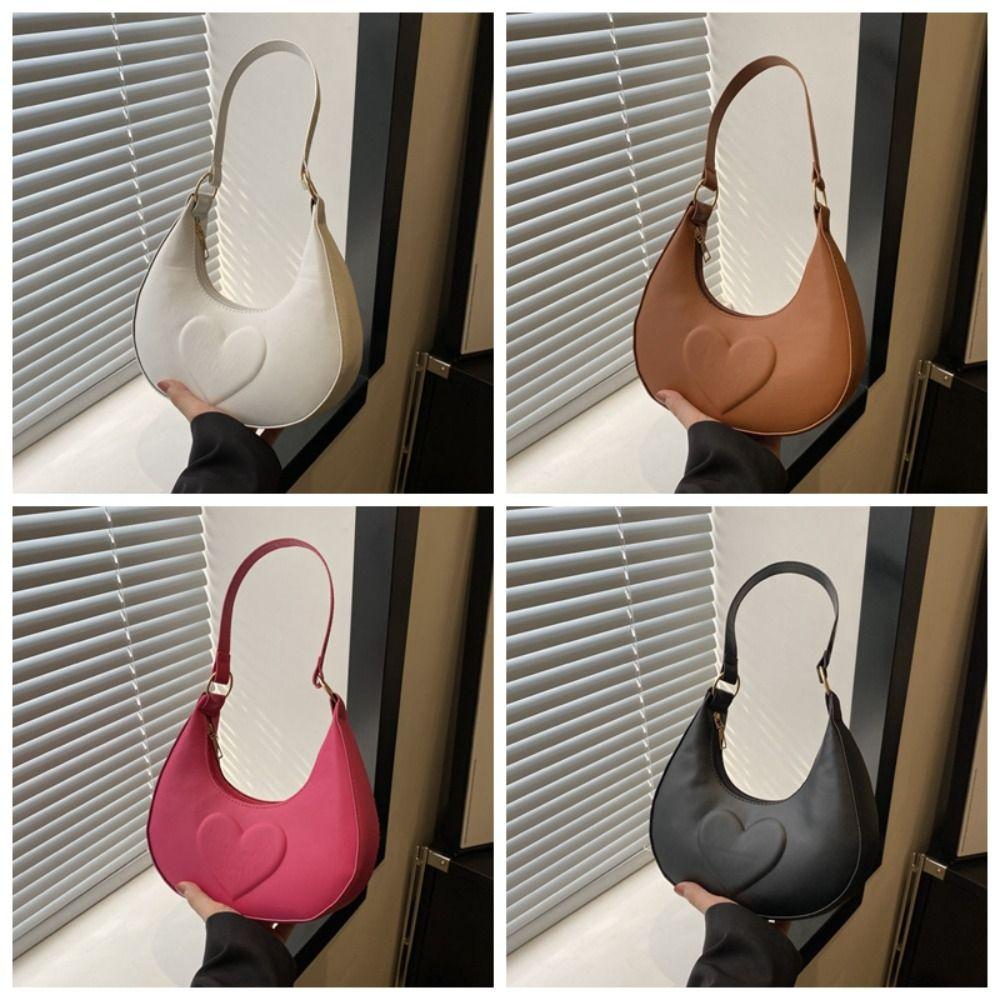 Solid Color PU Leather Shoulder Bag Love Heart Hobo Bag Portable Crescent Moon Underarm Bag  Girls