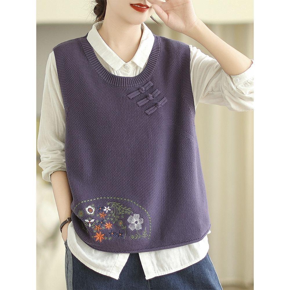 

Женский свитер с круглым вырезом весна-осень без рукавов с вышивкой на пуговицах свободный универсальный трикотажный топ XL фиолетовый