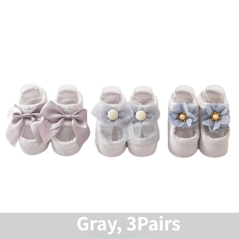 3Pairs Baby Girl Ankle Socks Lace Bow Infant Anti Slip Socks Children Home Floor Shoes Newborn Princess Pearl Low Cut Socks