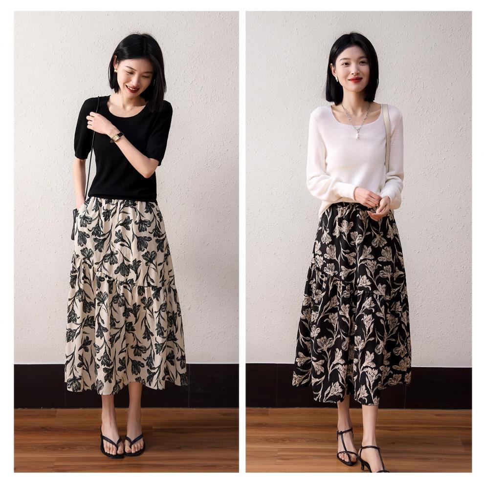 Spring 2025 A-line Printed Midi Skirt with Elastic Waist - QZE891127AL