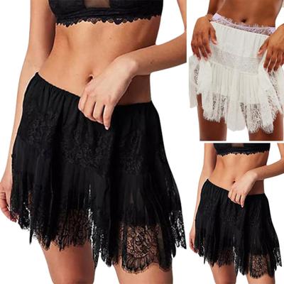 Women Mini Skirt High Waist Multi-Layer Lace Mesh Skirt Solid Color Sweet Style Short