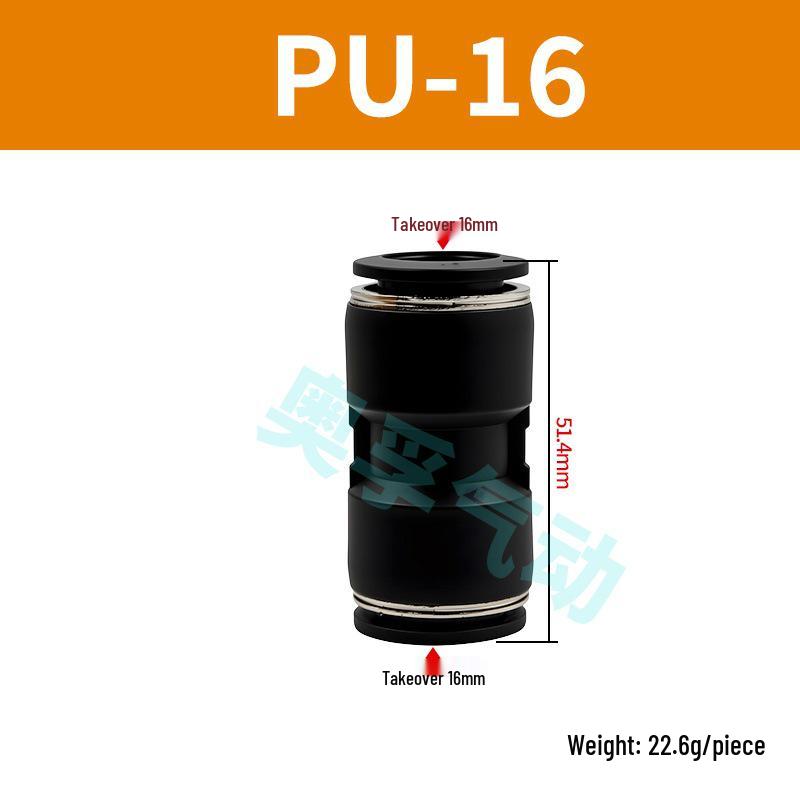 Black Pneumatic High-Pressure Air Hose Quick Connect Fitting, Variable Diameter (4 To 16mm), PU Straight Pneumatic Component
