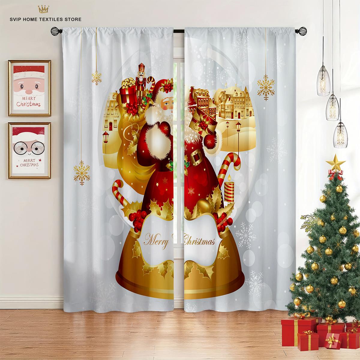 

Cute Cartoon Style Santa Claus Patterned Curtain, Rod Pocket, Rest,Room Living Room, Dining Room, Christmas Decor, 2 Pcs Collection W50X130H(CM)X2PCS&Grommet Top