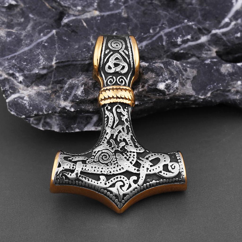 Norse Vikings Thor's Hammer Mjolnir Scandinavian Rune Amulet Necklace Stainless Steel Chain Vegvisir Anchor Pendant Male Jewelry