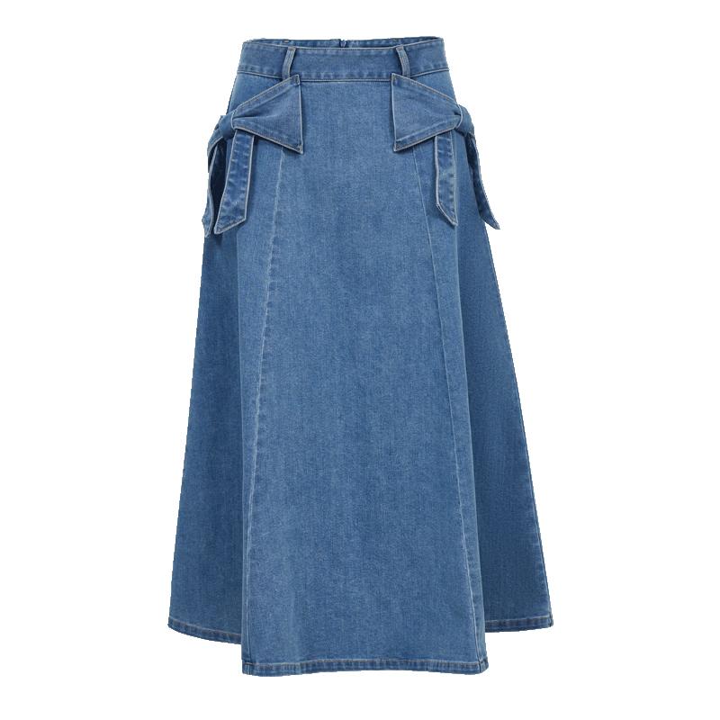 VEROMODA 2026 Autumn High-Waist A-Line Denim Midi Skirt with Bowknot L джинсовый синий