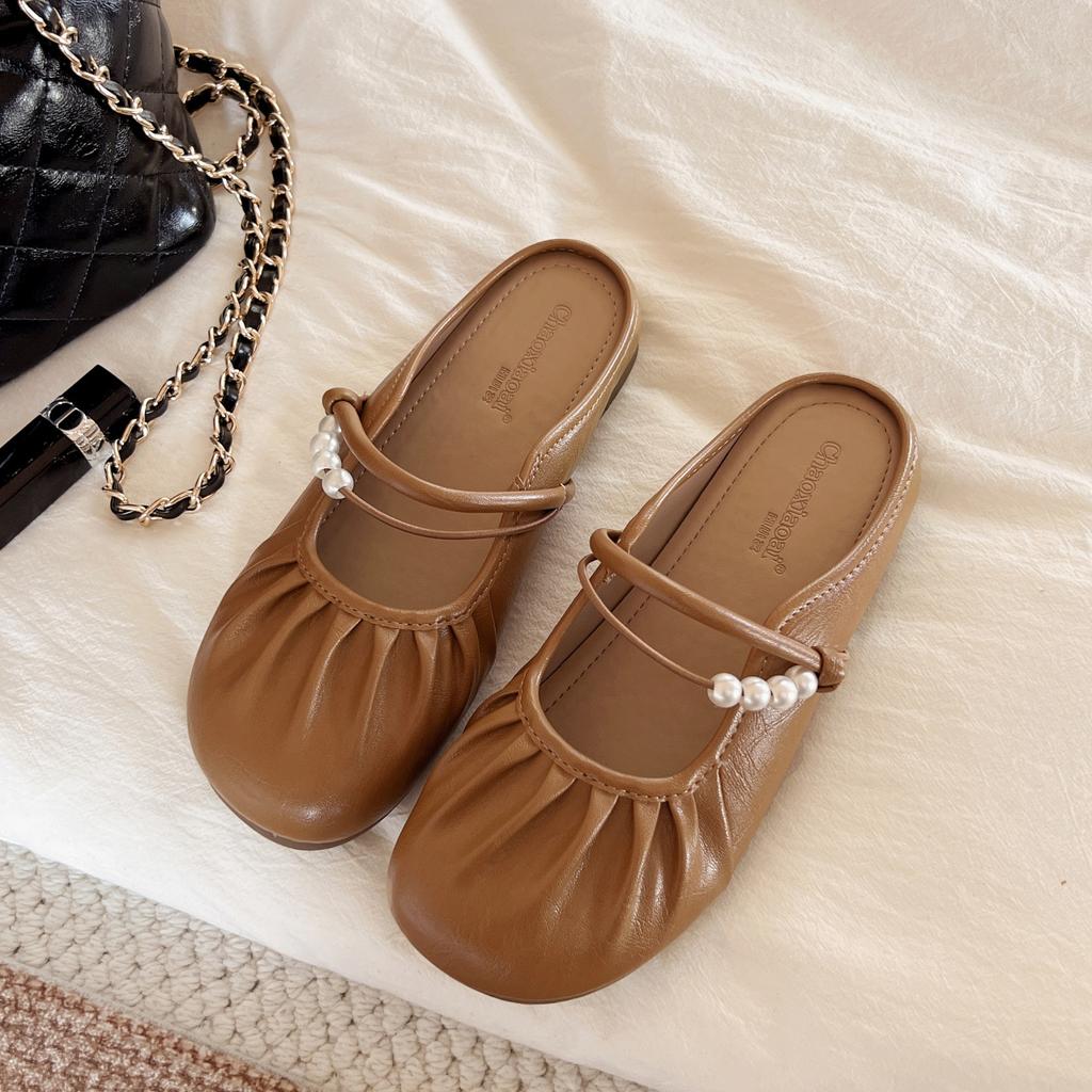 Pearl bag head half slippers women's outer wear 2025 new lazy with skirt flat bottom cool slippers
