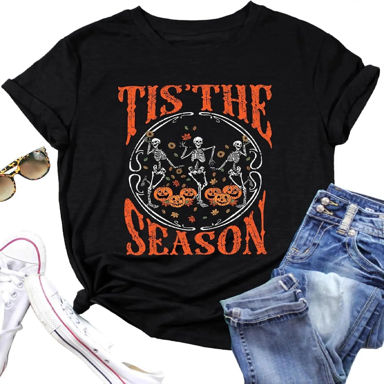 Halloween Dancing Skeleton Shirt for Women Tis The Season Tshirt Retro Halloween Skull T-Shirt Fall Tops XXXXXL разноцветный