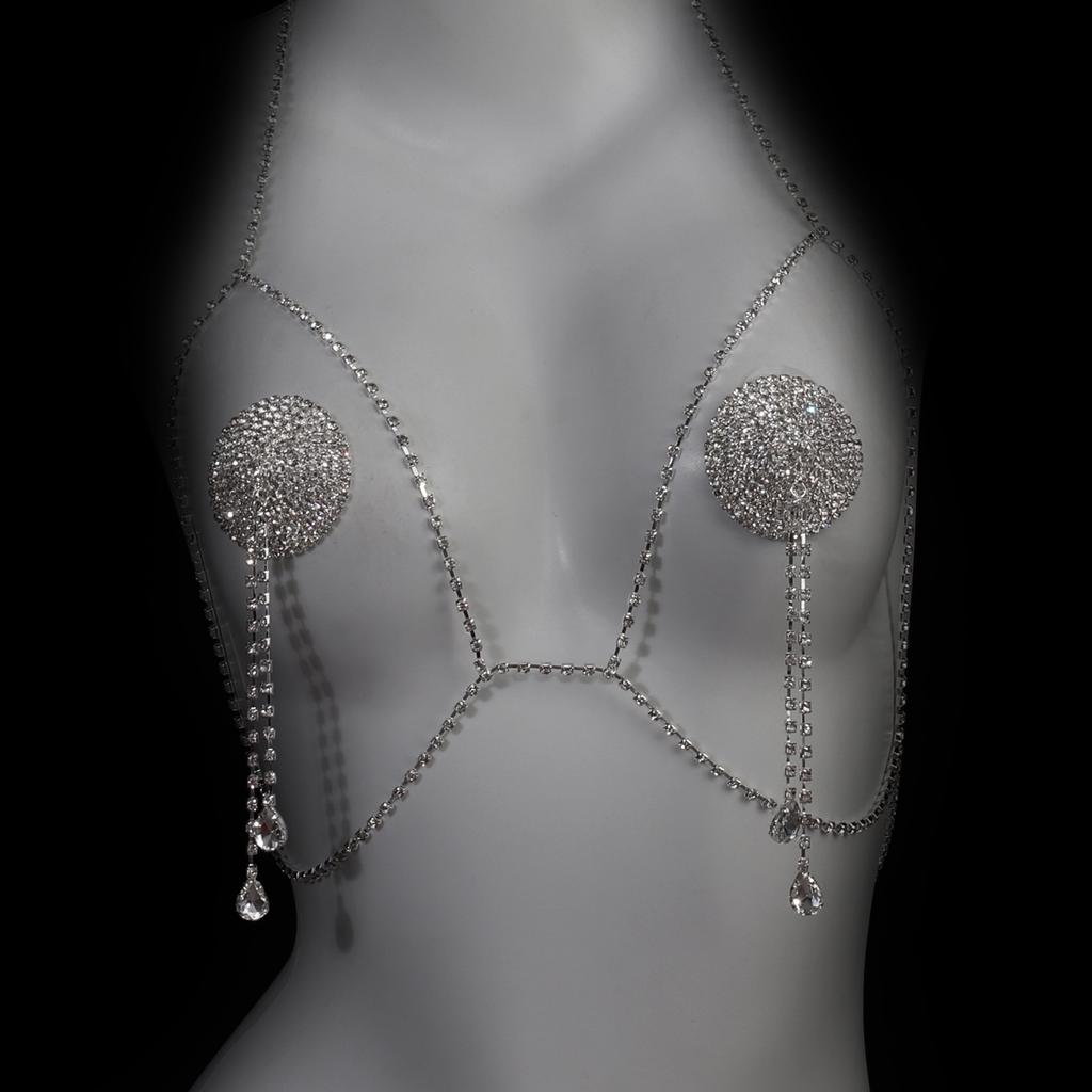 Körperkettenset mit Strasssteinen für Frauen Sexy Nippelabdeckungen Glitzernder Brustschmuck für Clubparty