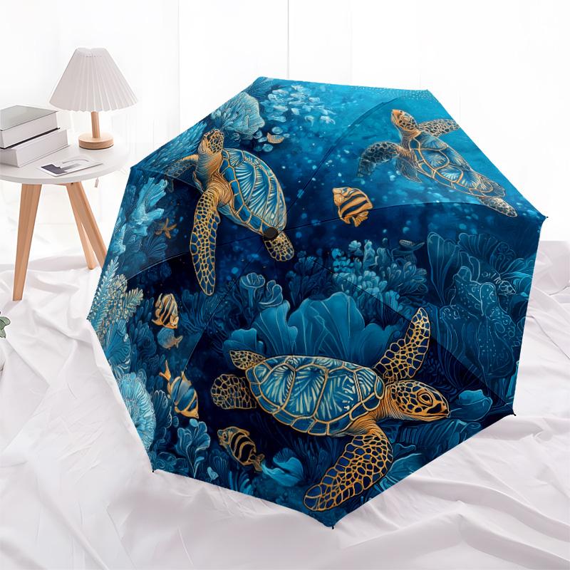 Sea Turtle Pattern, Automatic Folding Umbrella, Portable and Foldable Design, 8 Ribs, a Christmas or Birthday Gift.