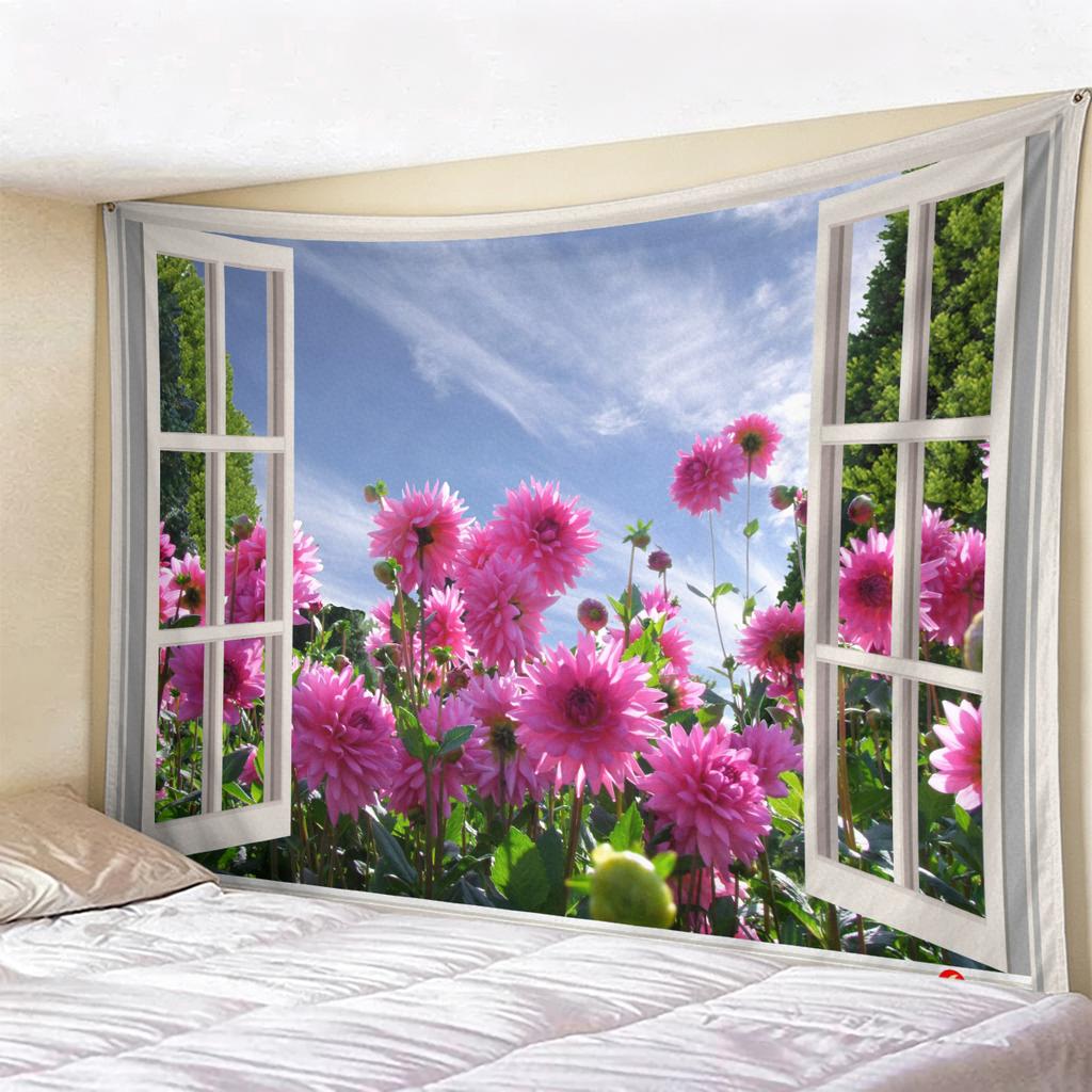 Window View Tapestry Wall Hanging, Scenic Nature Landscape Backdrop, Artificial Window Wall Decor for Bedroom Living Room