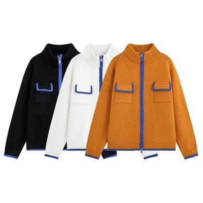 2026FH Womens Color-block Trim Pocket Zip Knit Cardigan Casual Outerwear