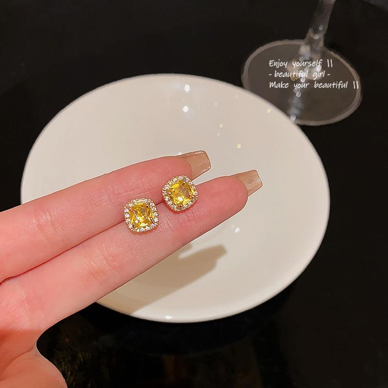 S925 Silver Needle Gold Square Zircon Earrings - Elegant Light Luxury Niche Style