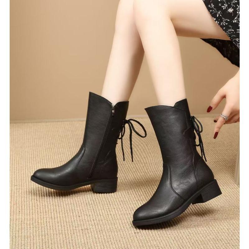 Soft Leather Medium Boots Women's Winter Velvet Autumn and Winter New Spring and Autumn Boots Thick Heel Medium Heel Fashion Boots Women's Boots