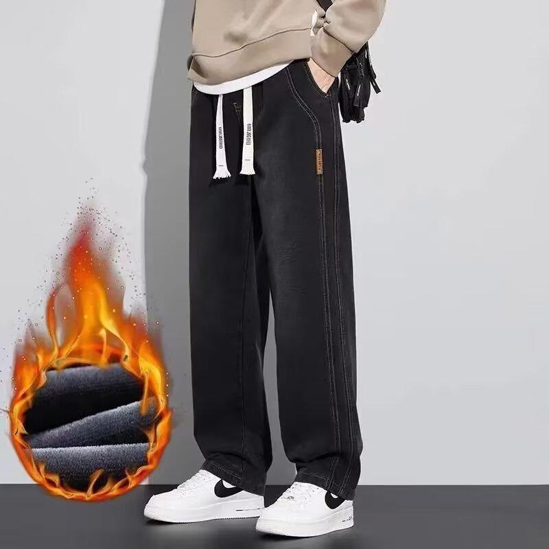Fleece Jeans Men's New Loose Straight Pants Autumn and Winter Warm Wide-leg Casual Trousers