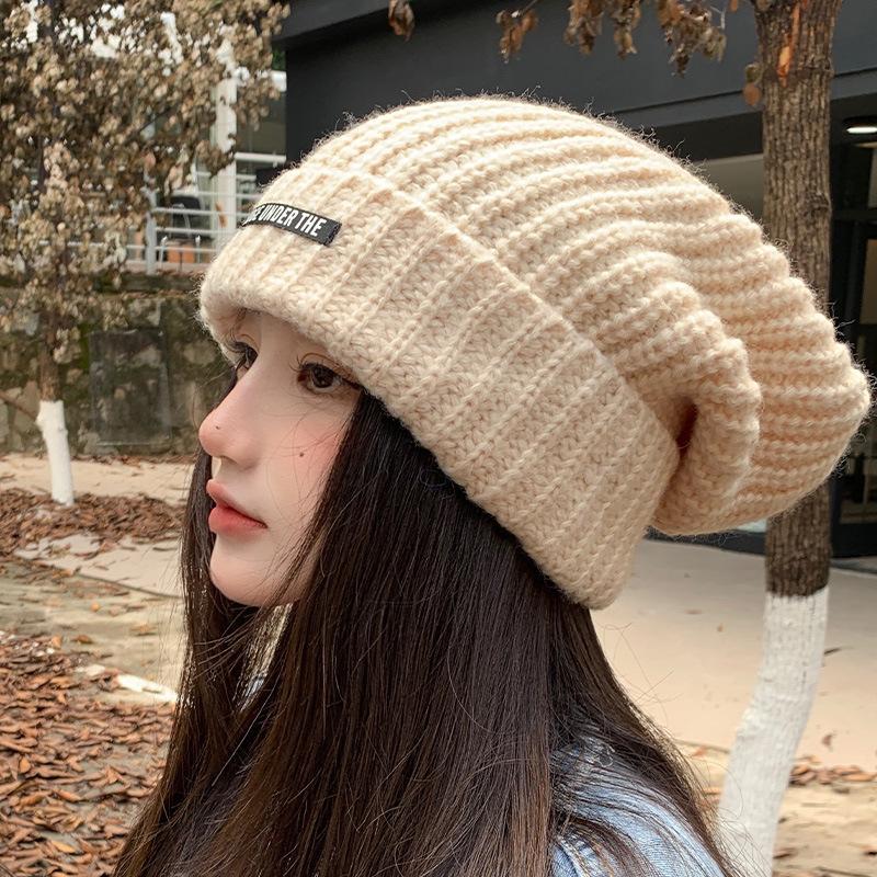 New Autumn and Winter Letter Knitted Big Hat Brim Big Head Circumference Warm Wool Hat for Women Versatile Ear Protection Students