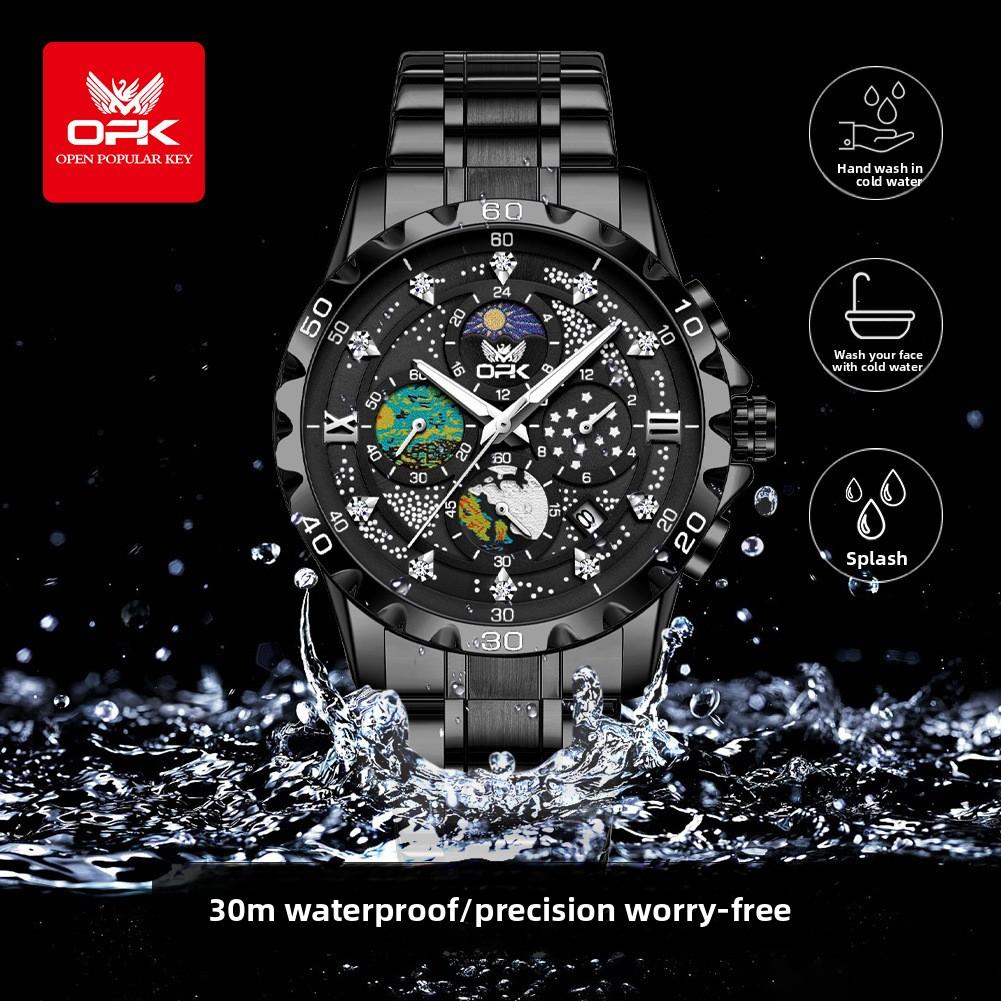 OPK Stainless Steel Waterproof Starry Sky Men's Watch Male Student Luminous Single Calendar Quartz Watch