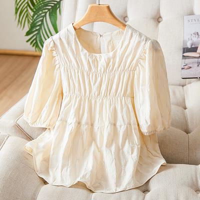 Apricot Round Neck Blouse for Women Short-sleeved Summer Updated Small Doll Blouse Design Top