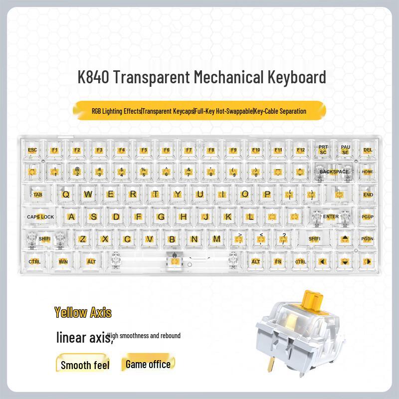 Y-FRUITFUL 84-Key Wired Mechanical Keyboard with Transparent Keycaps - Black, Yellow Switches