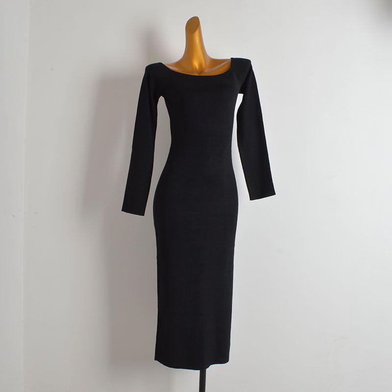 

Fashion Style New Arrival Sexy Square Collar Long Sleeve Knitting Dress Women s Clothing Fall and Winter Tight Waist Slim Looking Sheath Split Dress Black 160/84A