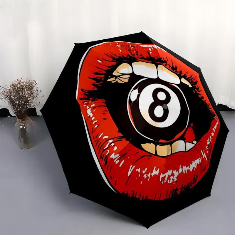 1pc Lips Eight Ball Automatic Open/Close Umbrella, Windproof, Folding Compact Umbrella with Lightweight Design for Women/Men047