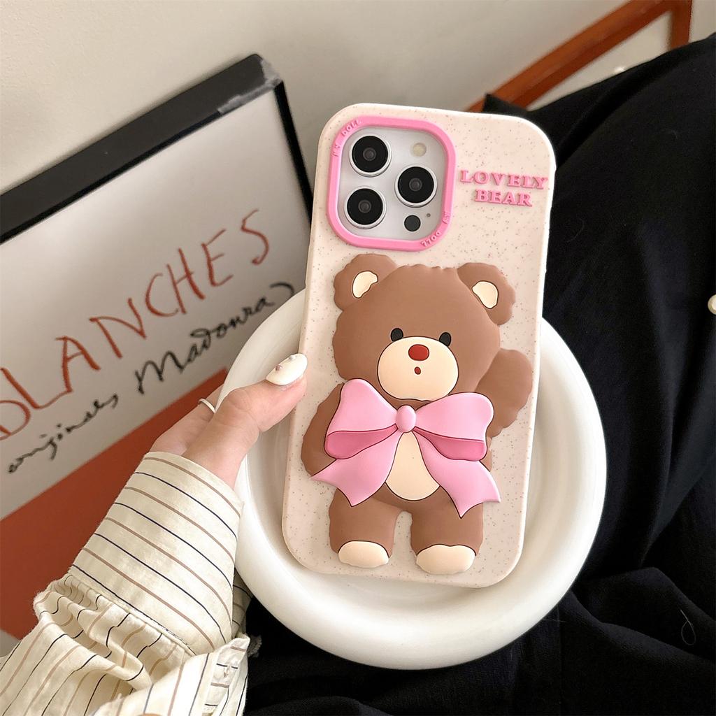For iPhone 16 Pro Max Silicone Case Cute Bear Glitter Design Shockproof Phone Back Cover