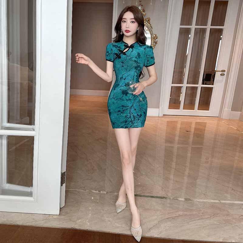 Women's retro printing hollow modified cheongsam dress