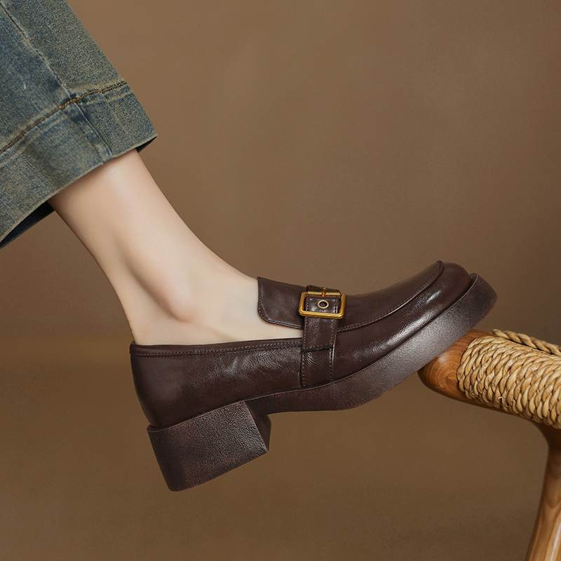 Krazing Pot Cow Skin Autumn Winter Shoes Chunky Heels Size 43 Size 42 Round Toe Slip on Metal Buckle Deep Mouth Pumps