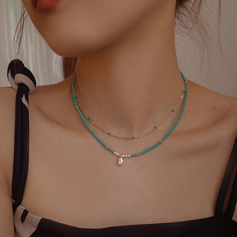 Handmade Geometric Turquoise Pendant Necklace Women Minimalist Locket Chain 45cm Adjustable Length Boho Chic Jewelry