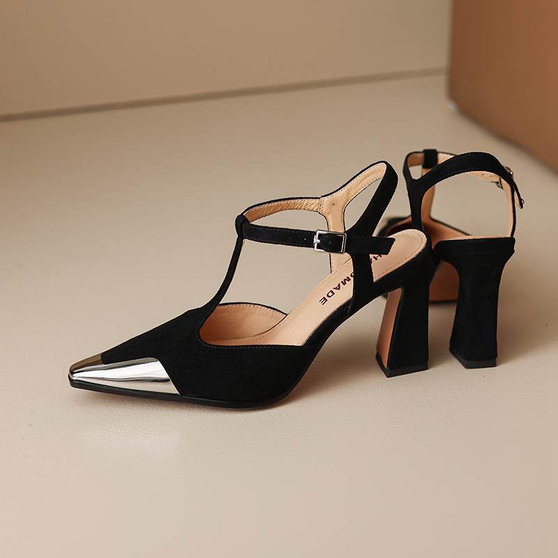 Krazing Pot Σουέτ Τετράγωνη Μύτη Μέγεθος 41 Ψηλά Τακούνια Αγκράφα Γραφείου Γυναίκα Μεταλλική Διακόσμηση Μπλε Χρώμα Φθινοπωρινά Pumps