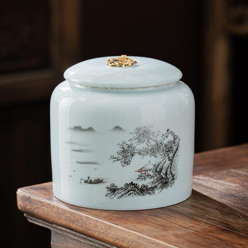 Shanshui Tea Caddy Ceramic Candy Jar Retro Household Large Nuts Coffee Beans Herb Storage Jar Kitchen Food Container Home Decor