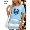 Damen Glitzerndes Strass Schmetterling T-Shirt Blau Grün Glitzer Druck Lässig Rundhals Kurzarm