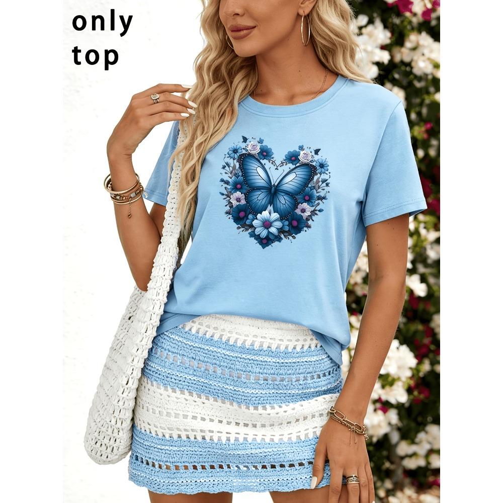 Damen Glitzerndes Strass Schmetterling T-Shirt Blau Grün Glitzer Druck Lässig Rundhals Kurzarm