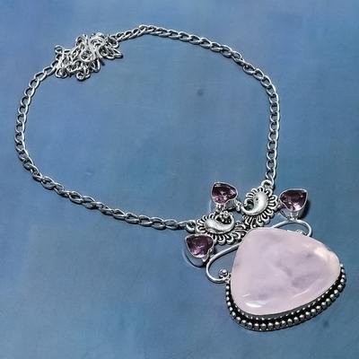 Natural Rose Quartz, Amethyst Gemstone 925 Sterling Silver Necklace 18" E3r52