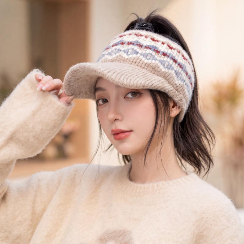 Autumn and winter new thickened warm knitted empty top hat color matching jacquard cap female versatile shows small face